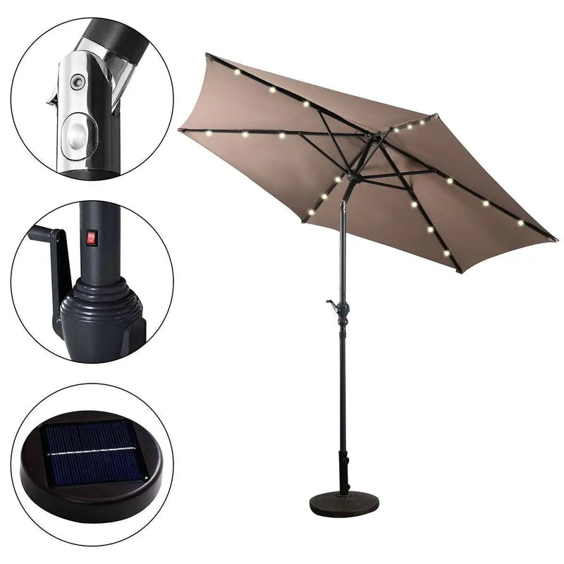Tan 9-Ft Patio Umbrella with Steel Pole Crank Tilt and Solar LED Lights by HomePacific