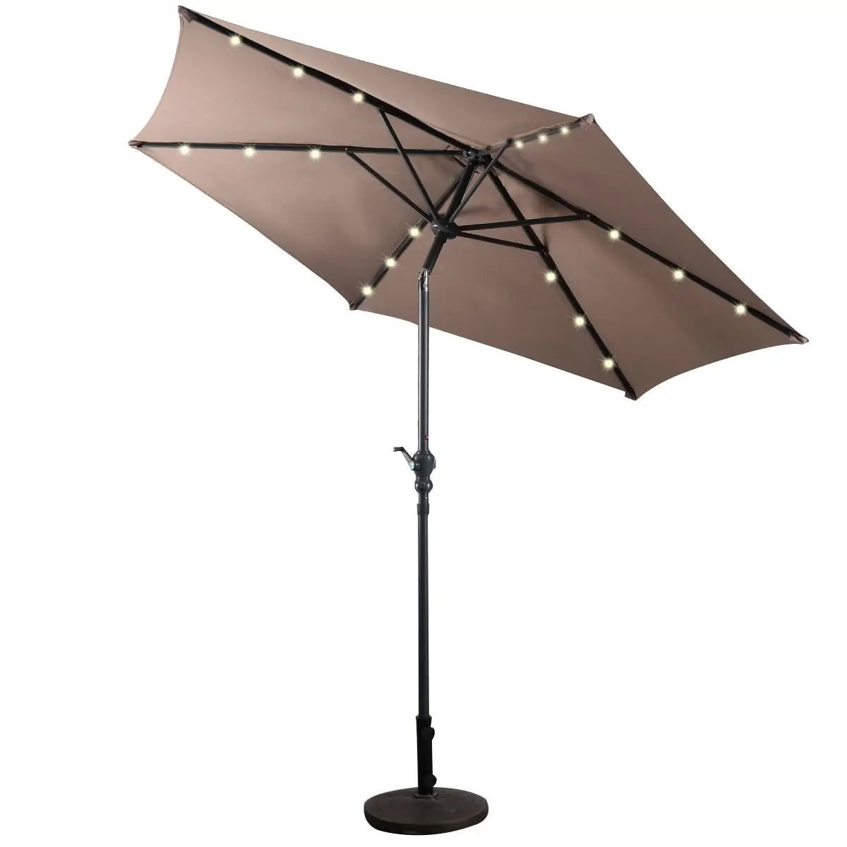 Tan 9-Ft Patio Umbrella with Steel Pole Crank Tilt and Solar LED Lights by HomePacific