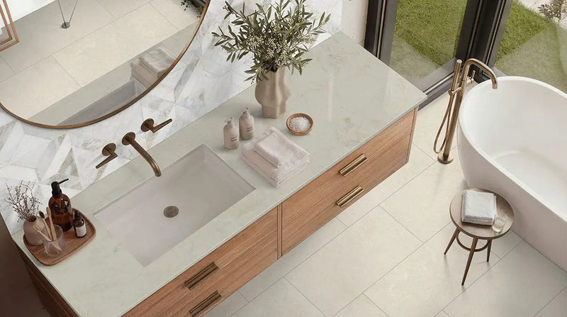 Girona Marfil Lappato Limestone Look Porcelain Tiles 24x48 in a finished room