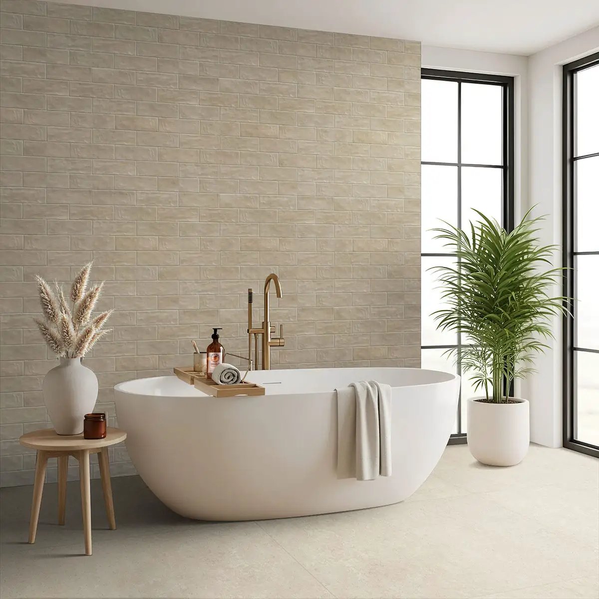 Girona Marfil Lappato Limestone Look Porcelain Mosaics 3x3 in a finished room