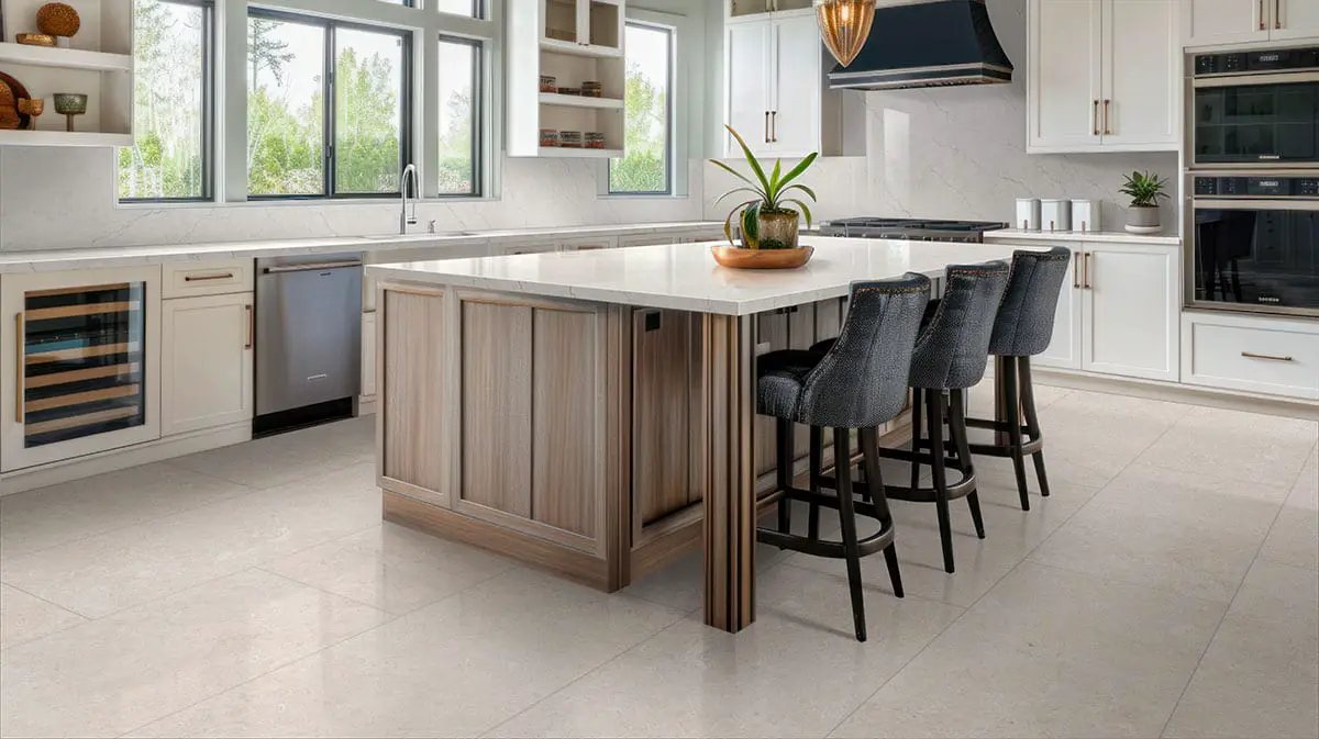 Girona Perla Lappato Limestone Look Porcelain Tiles 48x48 in a finished room