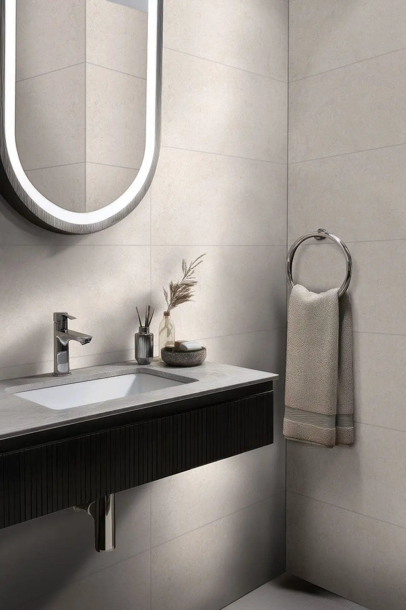 Girona Perla Lappato Limestone Look Porcelain Tiles 24x48 in a finished room
