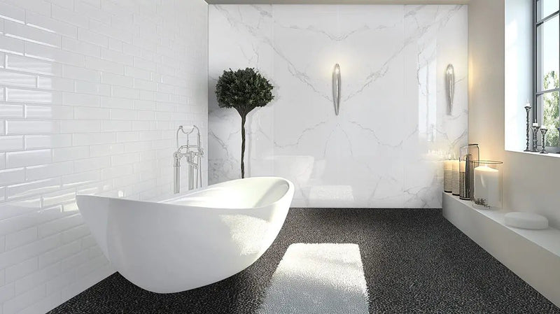 Glacier Pearl Polished Porcelain Tiles 31.5x71 in a finished room