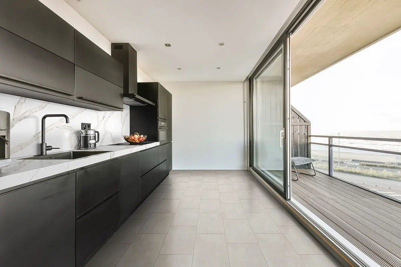 Gridscale Gris Matte Ceramic Tiles 12x24 in a finished room