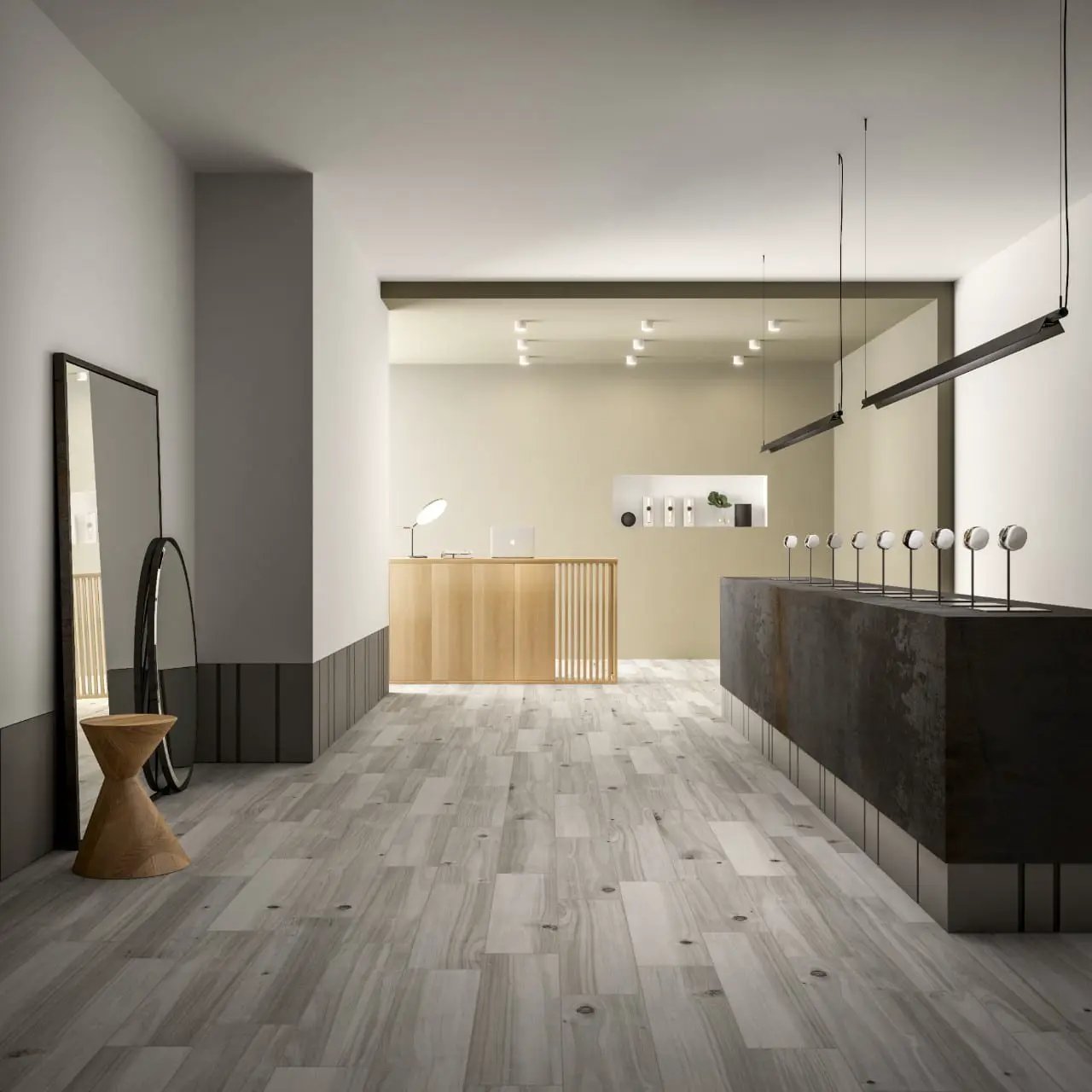 Havenwood Platinum Matte Chevron Porcelain Mosaics 12x15 in a finished room