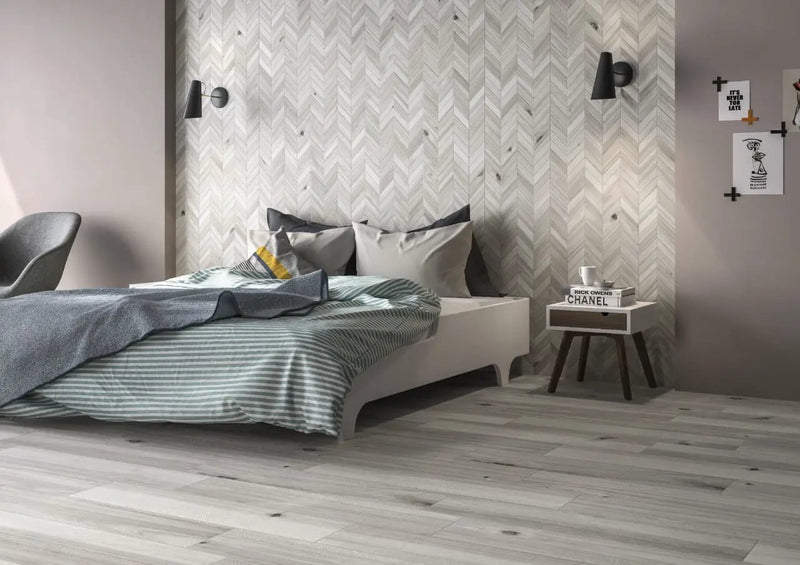Havenwood Platinum Matte Porcelain Tiles 8x36 in a finished room