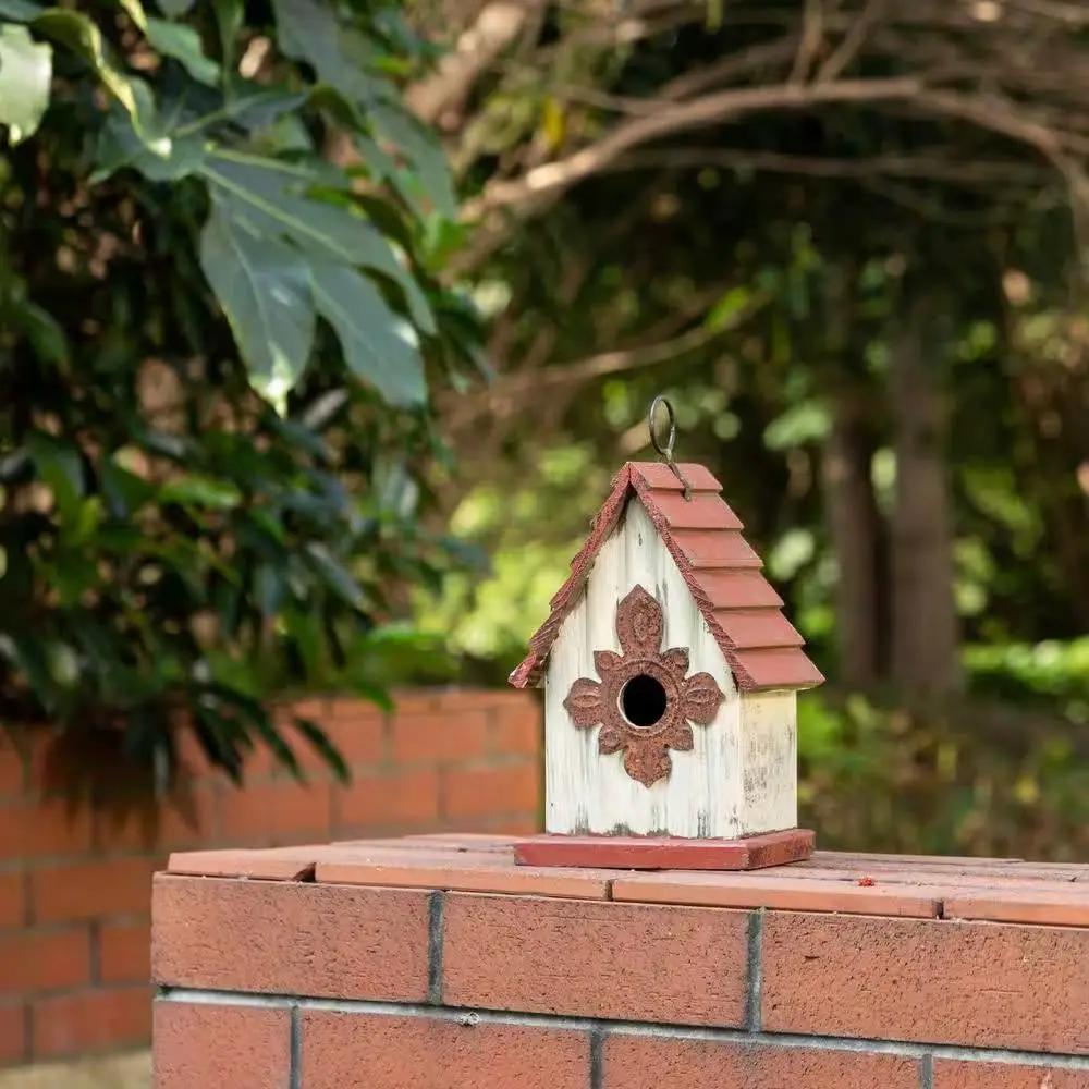 Outdoor A-Frame Solid Wood Bird House with Terracotta Color Slatted Roof by HomePacific