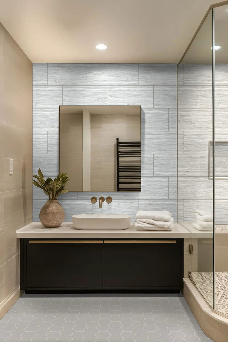 Hexley Dove Hexagon Tile Matte Porcelain 9x10.5 in a finished room