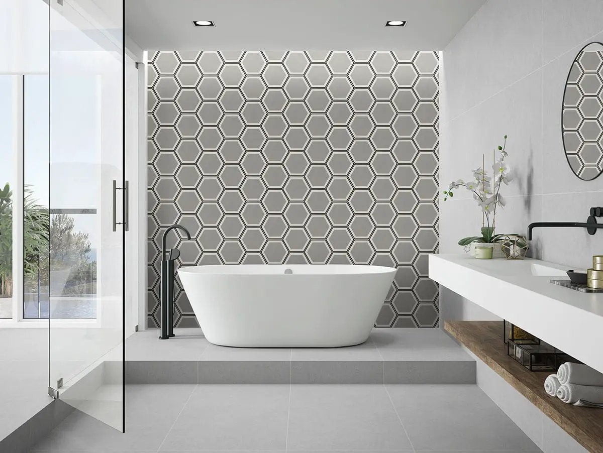 Hexley Hive Hexagon Tile Matte Porcelain 9x10.5 in a finished room