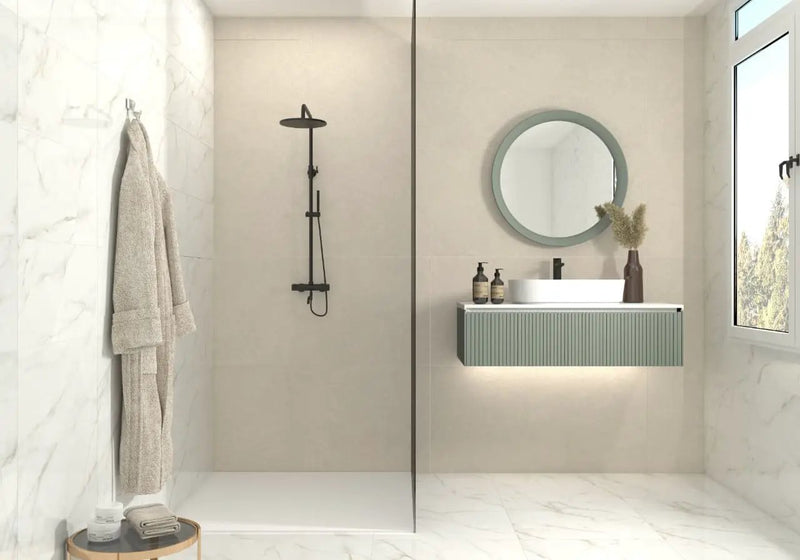 Kaya Calacatta Lucca Polished Marble Look Porcelain Tiles 24x48 in a finished room