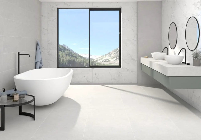 Kaya Calacatta Lucca Polished Marble Look Porcelain Tiles 12x24 in a finished room