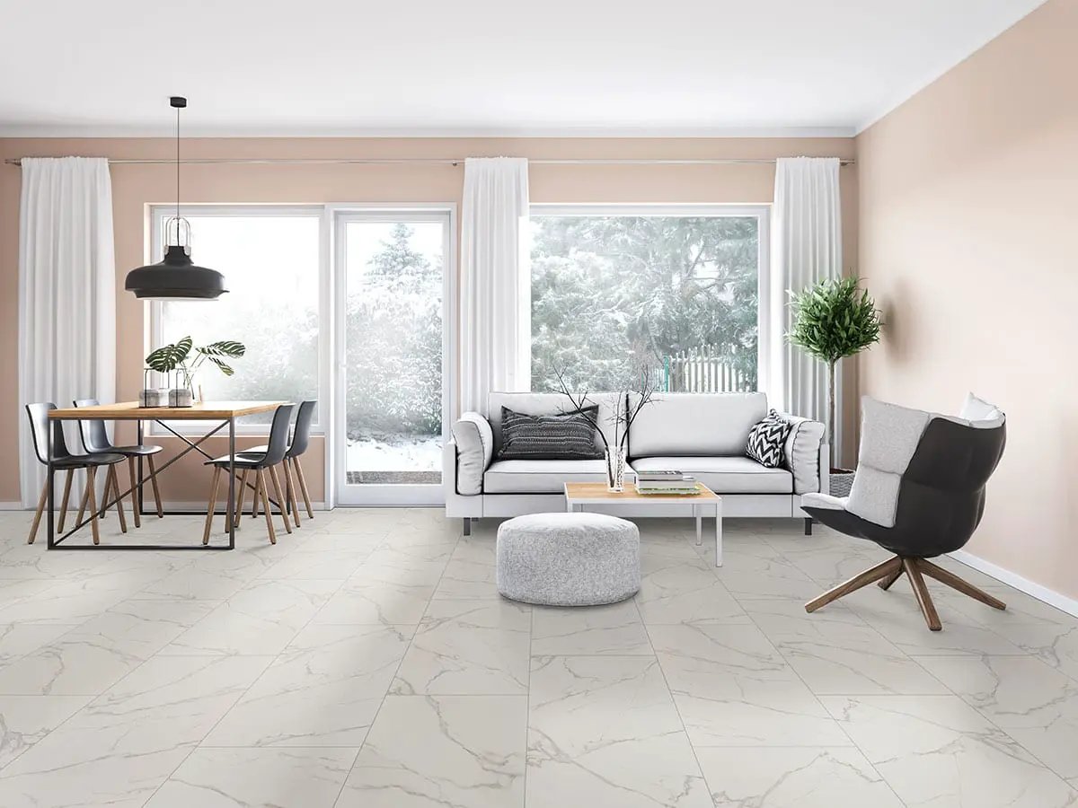 Kaya Calacatta Venato Matte Marble Look Porcelain Tiles 12x24 in a finished room
