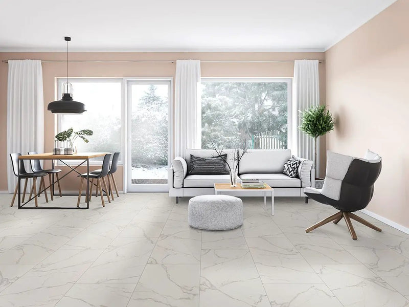 Kaya Calacatta Venato Polished Marble Look Porcelain Tiles 24x24 in a finished room