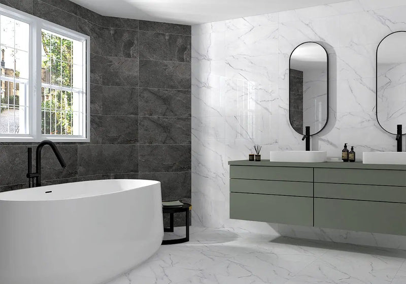 Kaya Calacatta Venato Polished Marble Look Porcelain Tiles 12x24 in a finished room