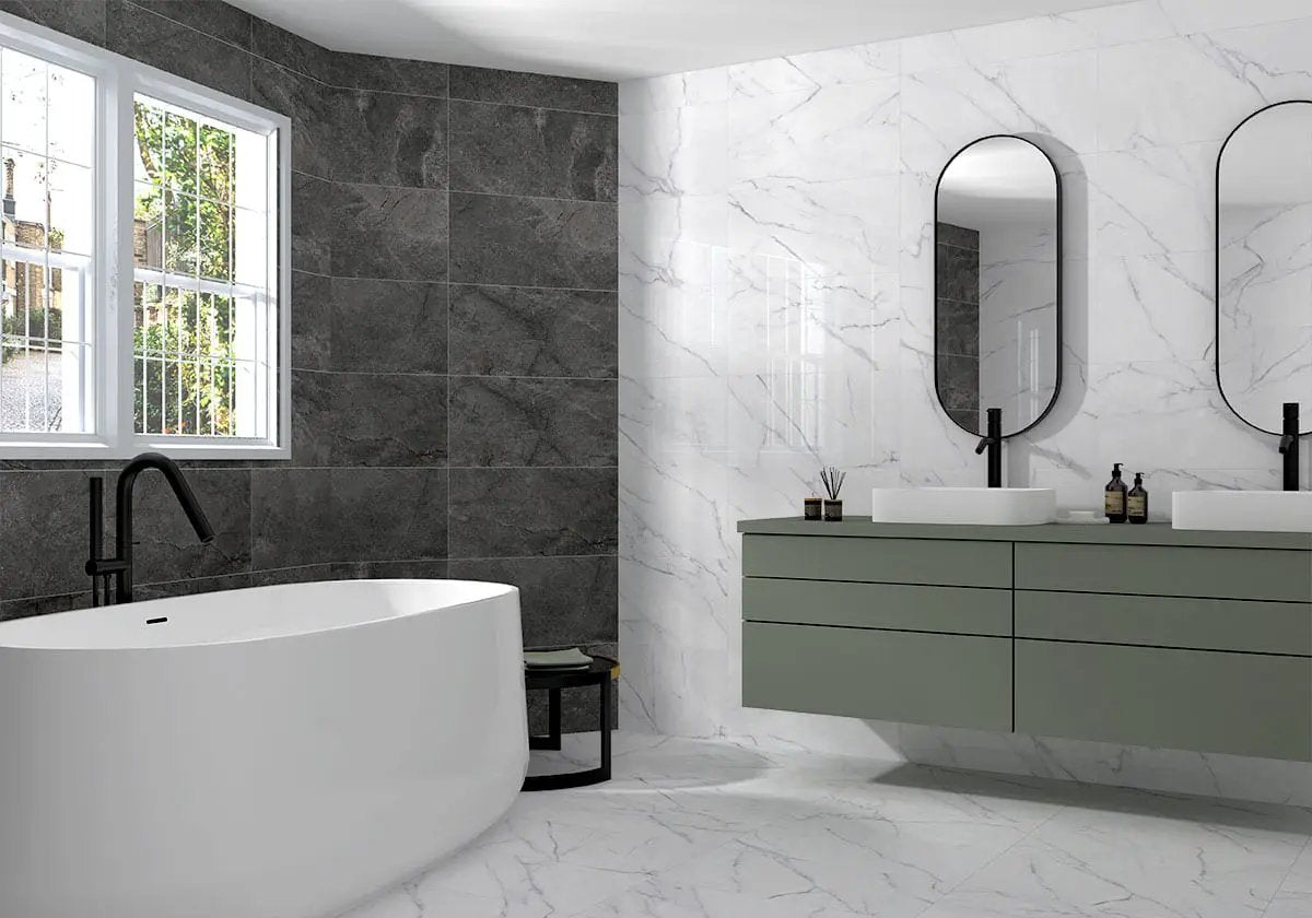 Kaya Calacatta Venato Matte Marble Look Porcelain Moldings 3x24 in a finished room