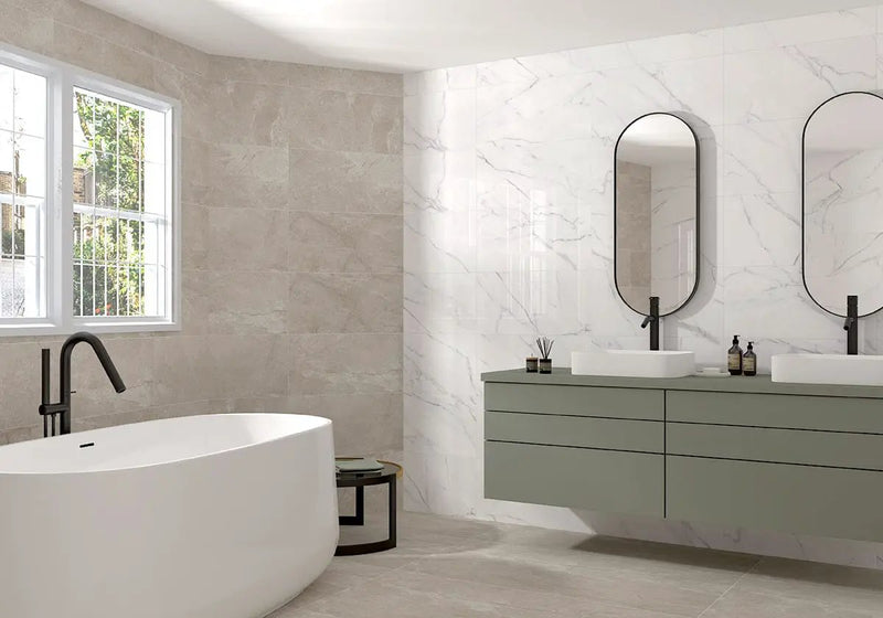 Kaya Calacatta Venato Matte Marble Look Porcelain Moldings 3x24 in a finished room