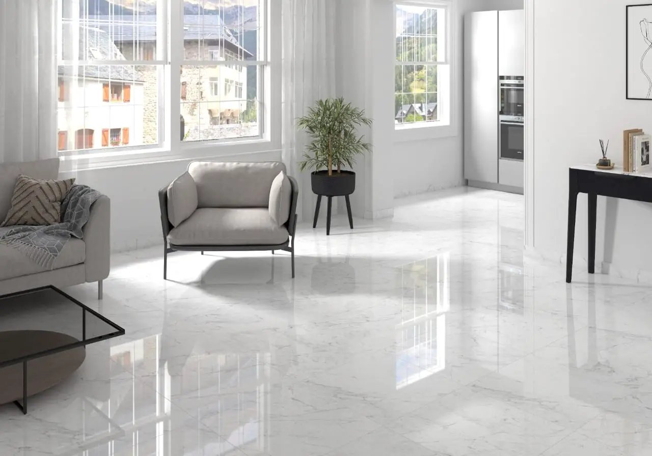 Kaya Carrara Bianco Matte Marble Look Porcelain Tiles 24x48 in a finished room