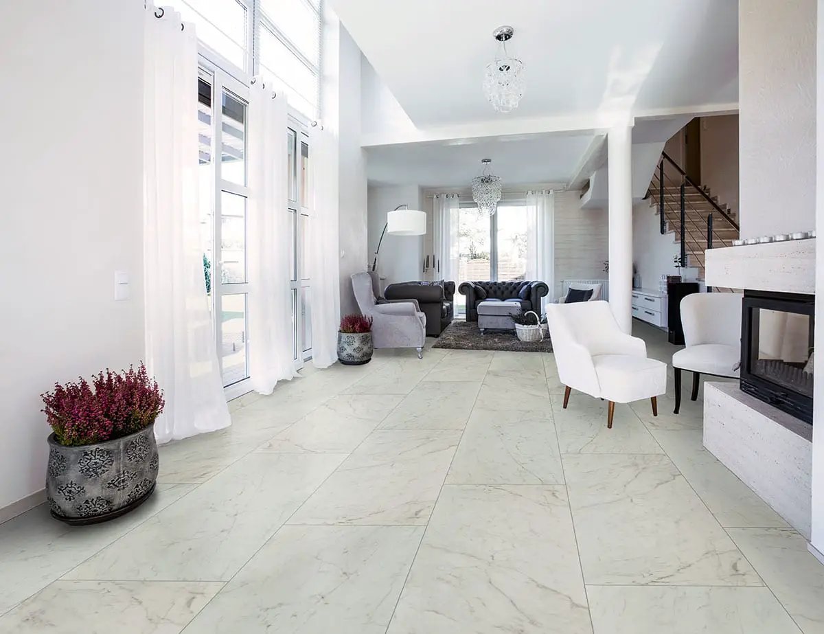 Kaya Carrara Bianco Polished Marble Look Porcelain Tiles 24x24 in a finished room