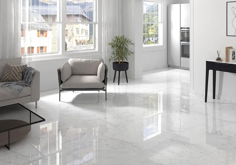 Kaya Carrara Bianco Polished Marble Look Porcelain Tiles 24x48 in a finished room