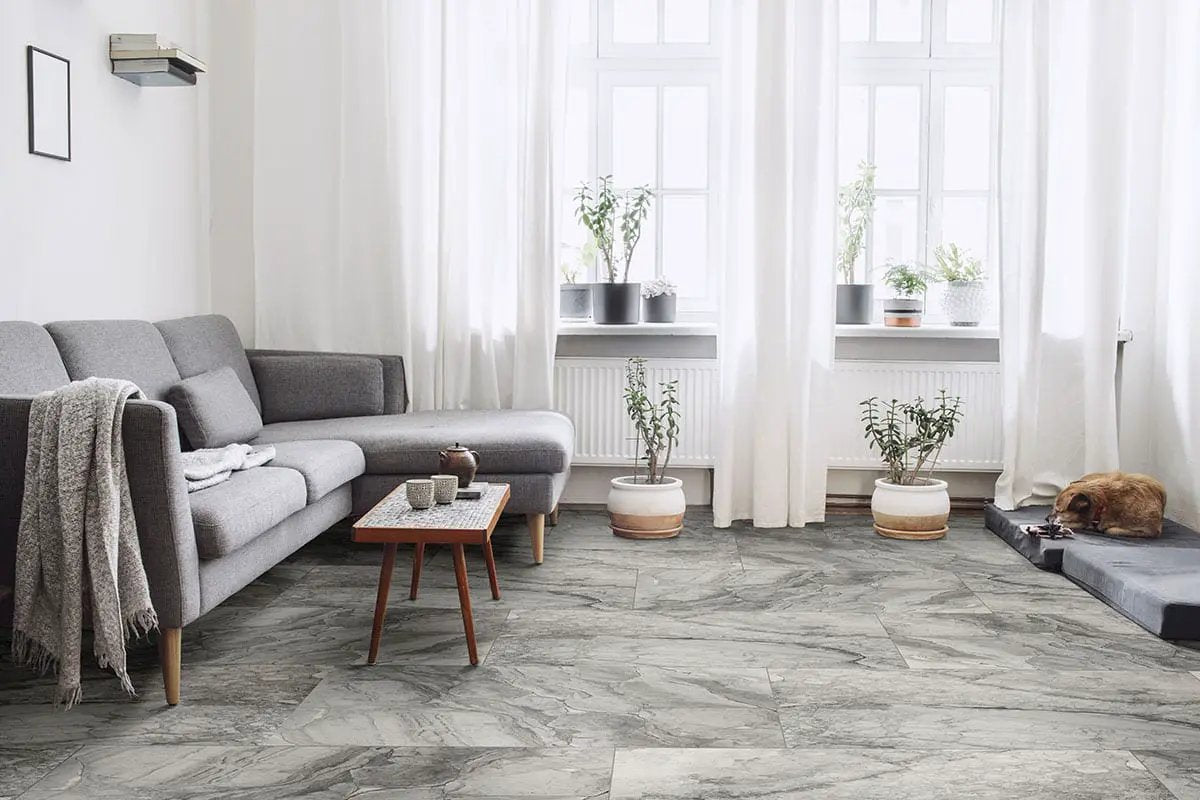 Kaya Onda Gray Polished Marble Look Porcelain Tiles 24x24 in a finished room
