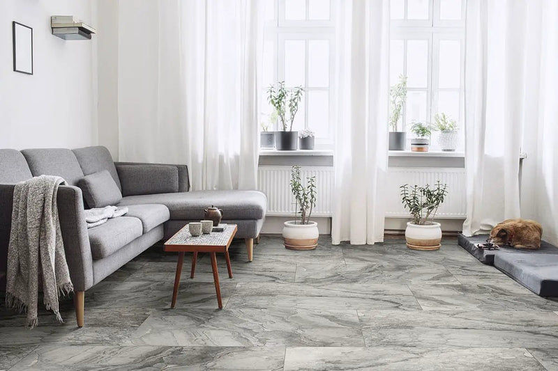 Kaya Onda Gray Polished Marble Look Porcelain Tiles 24x24 in a finished room