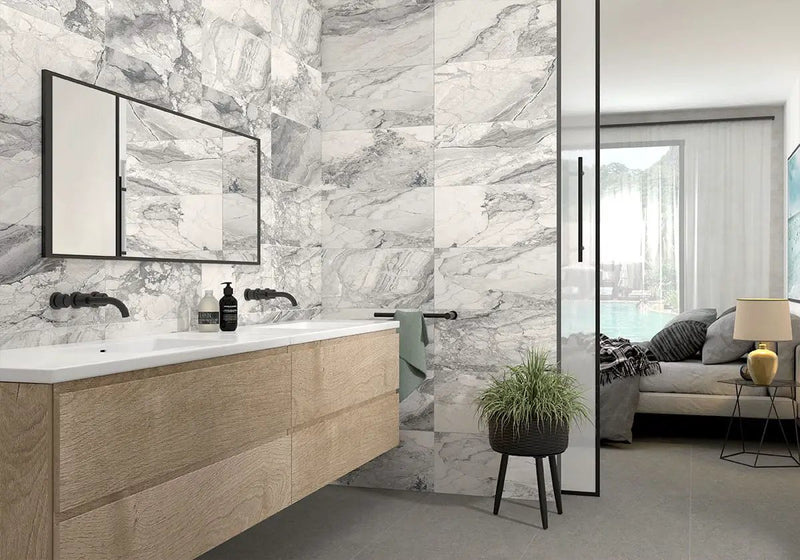 Kaya Onda Gray Matte Marble Look Porcelain Tiles 24x24 in a finished room