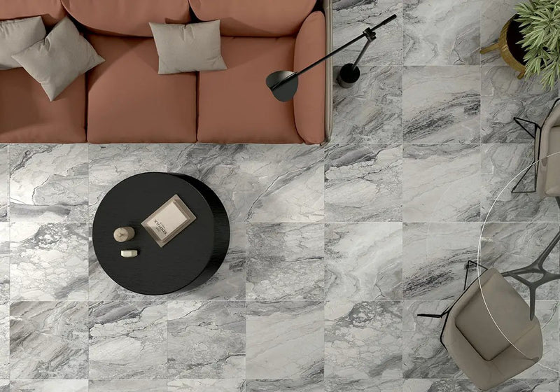 Kaya Onda Gray Matte Marble Look Porcelain Tiles 24x48 in a finished room