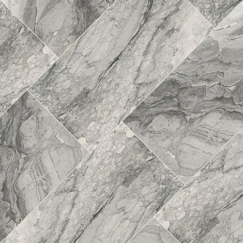 Kaya Onda Gray Polished Marble Look Porcelain Tiles 24x24 angled view