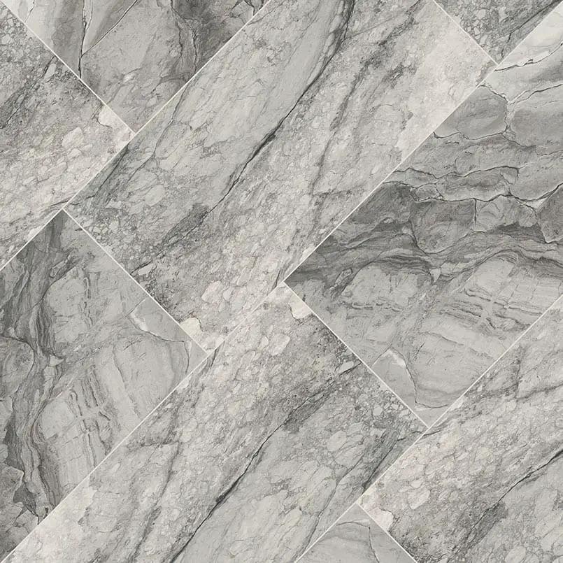Kaya Onda Gray Matte Marble Look Porcelain Tiles 24x24 angled view