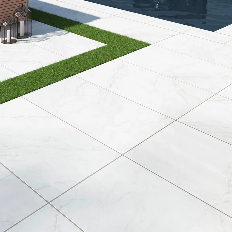 Kaya Zermatta Blanca Polished Porcelain Tiles 12x24 in a finished room