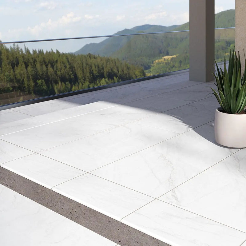 Kaya Zermatta Blanca Polished Porcelain Tiles 12x24 in a finished room