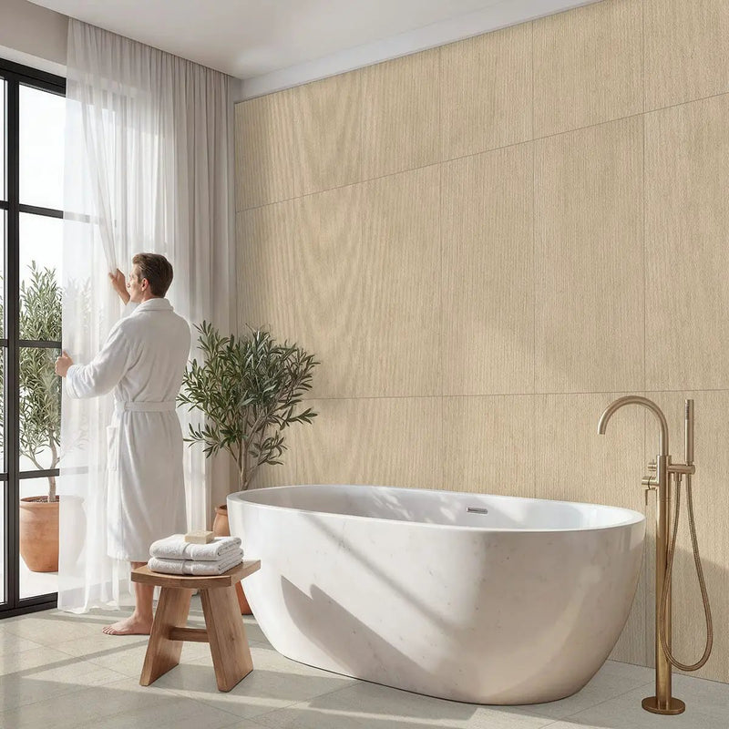 Livingstyle Beige Matte Bullnose Limestone Look Porcelain Moldings 2x24 in a finished room