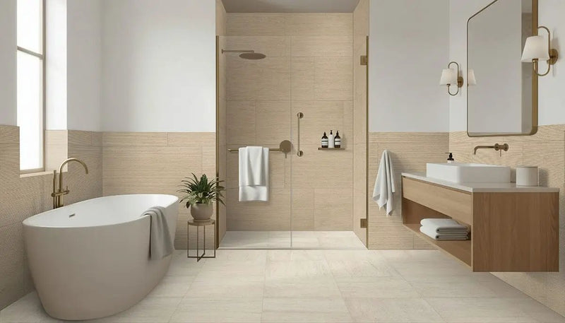 Livingstyle Beige Matte Limestone Look Porcelain Pavers 18x36 in a finished room