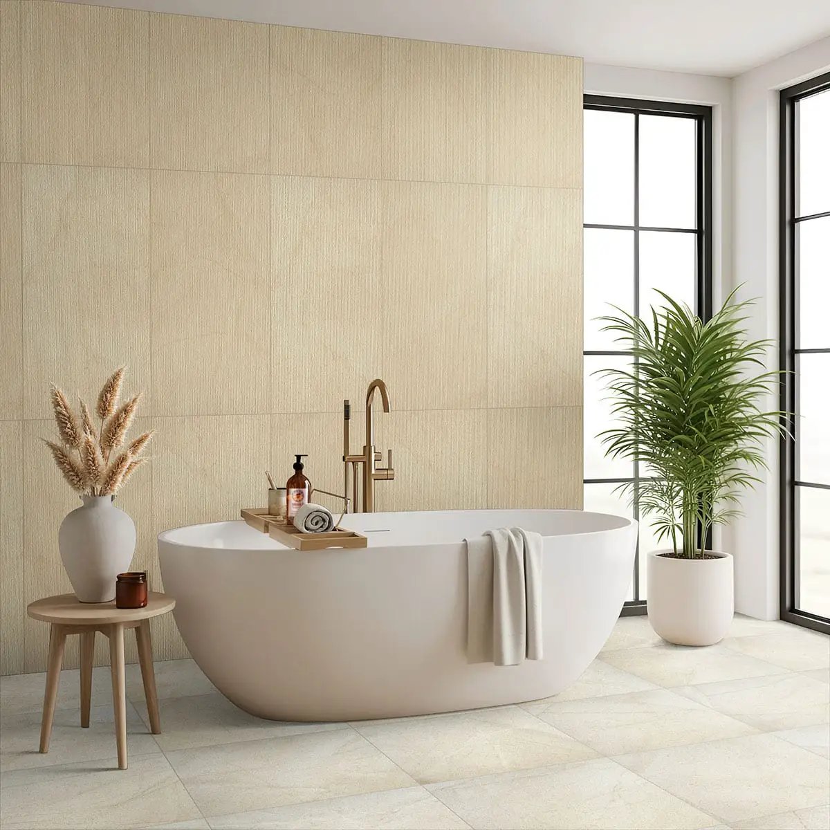 Livingstyle Cream Matte Limestone Look Porcelain Tiles 24x24 in a finished room