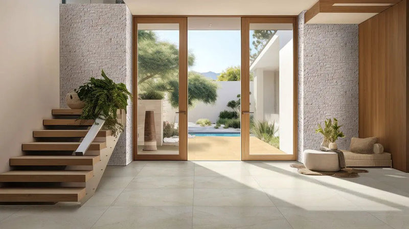 Livingstyle Cream Matte Limestone Look Porcelain Pavers 24x24 in a finished room