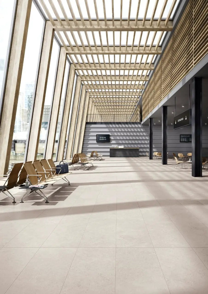 Livingstyle Pearl Matte Bullnose Limestone Look Porcelain Moldings 2x24 in a finished room