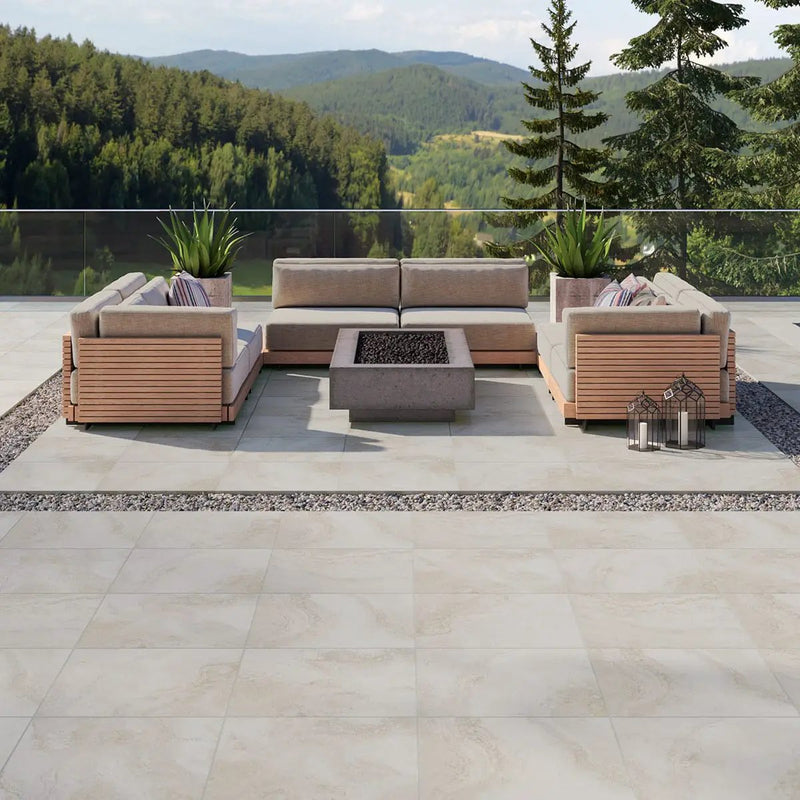 Livingstyle Travertino Matte Travertine Look Porcelain Pavers 24x24 in a finished room