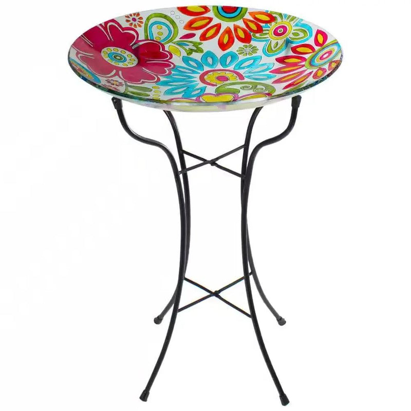 18-inch Blue Yellow Red Pastel Flowers Painted Glass Outdoor Bird Bath w/ Stand by HomePacific