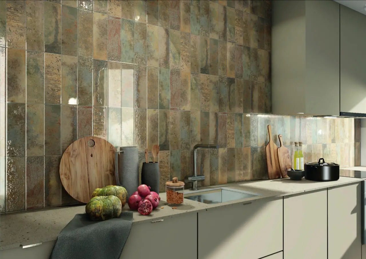 Marza Rust Subway Tile Glossy Ceramic Mosaics 4x12 in a finished room