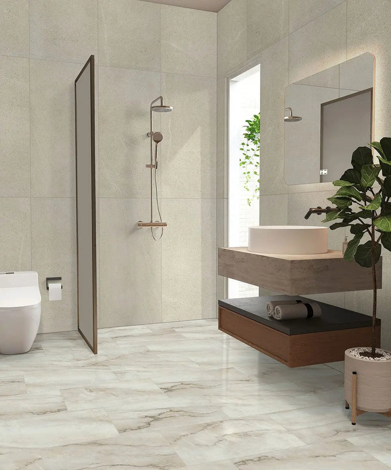 Traktion Maven Ivory Matte Limestone Look Porcelain Tiles 12x24 in a finished room