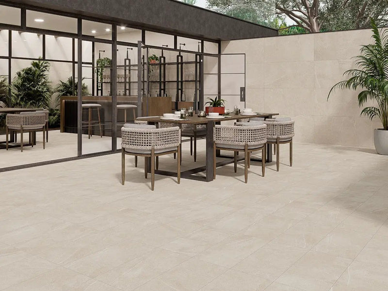 Traktion Maven Ivory Matte Limestone Look Porcelain Tiles 24x48 in a finished room