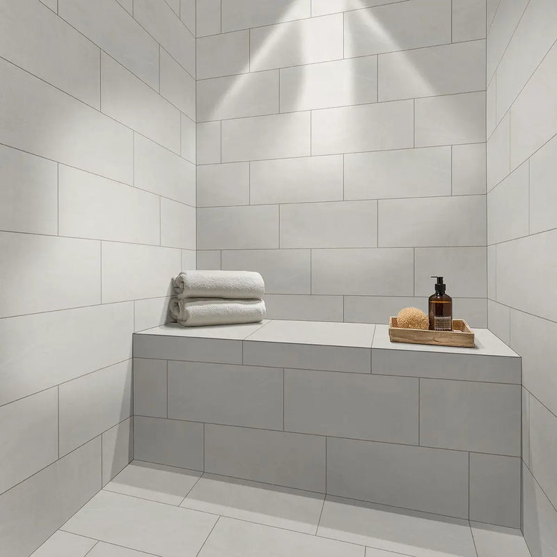 Traktion Maven Talc Matte Limestone Look Porcelain Tiles 12x24 in a finished room
