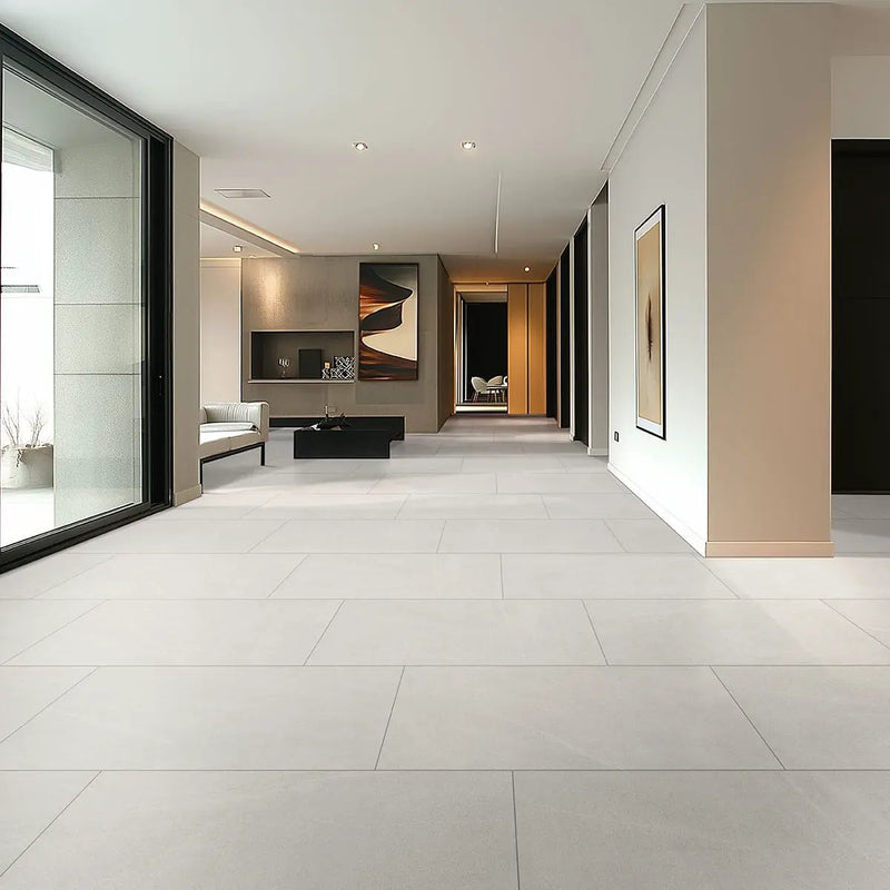 Traktion Maven Talc Matte Limestone Look Porcelain Tiles 24x48 in a finished room