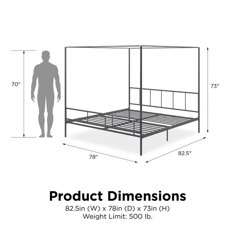 King size Dark Grey Metal Canopy Bed Frame with Headboard and Footboard by HomePacific