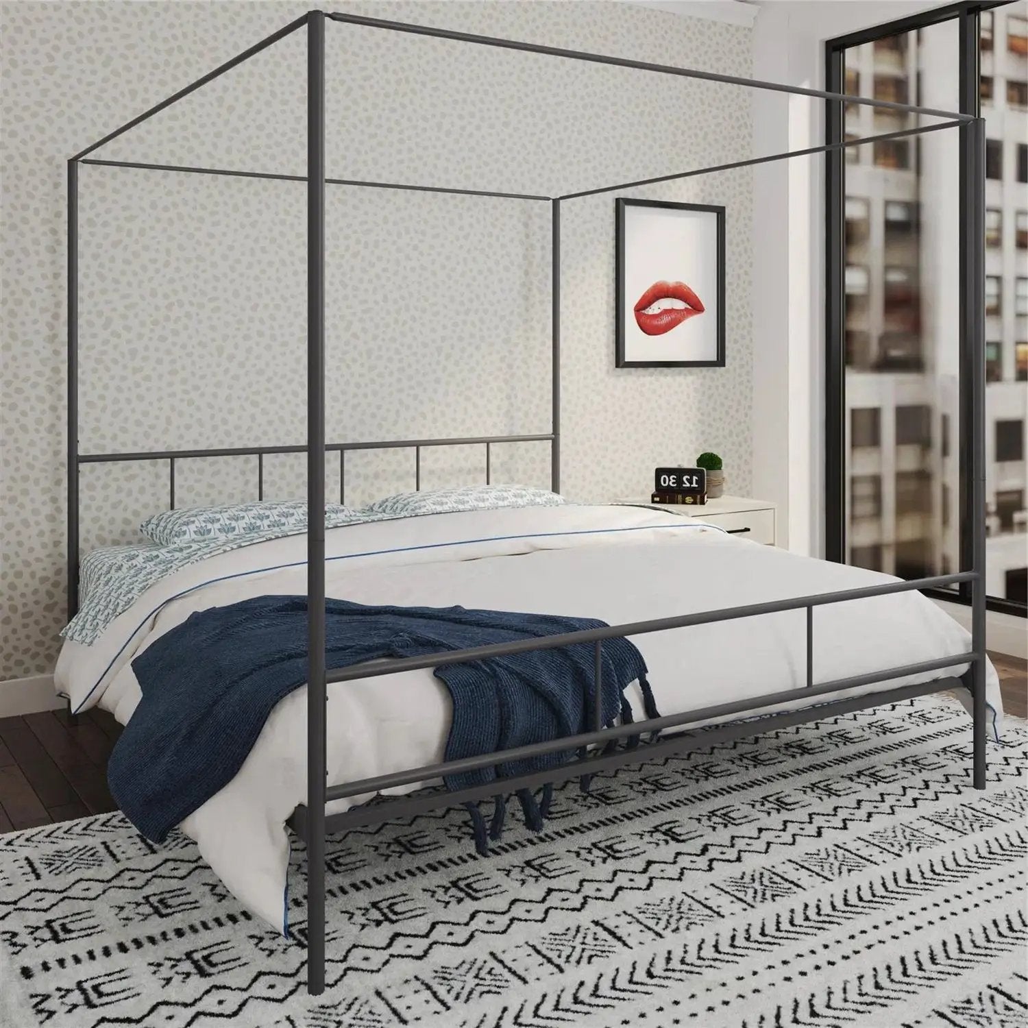 King size Dark Grey Metal Canopy Bed Frame with Headboard and Footboard by HomePacific