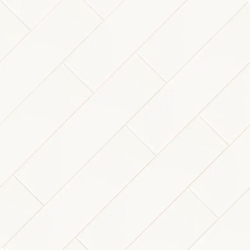 White 2x8 Glossy Bullnose Porcelain Moldings 4x12 angled view