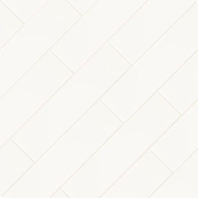 White 2x8 Glossy Bullnose Porcelain Moldings 4x16 angled view
