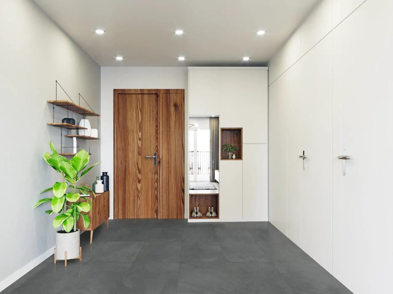 Legions Midnight Montage Matte Porcelain Tiles 24x24 in a finished room