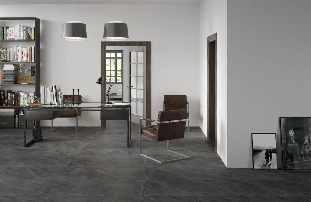 Legions Midnight Montage Matte Porcelain Pavers 24x24 in a finished room