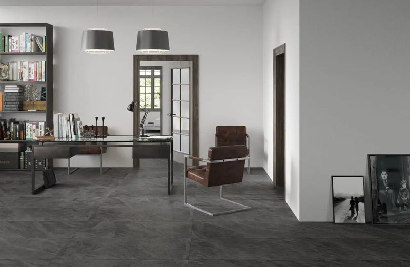 Legions Midnight Montage Matte Porcelain Pavers 24x24 in a finished room